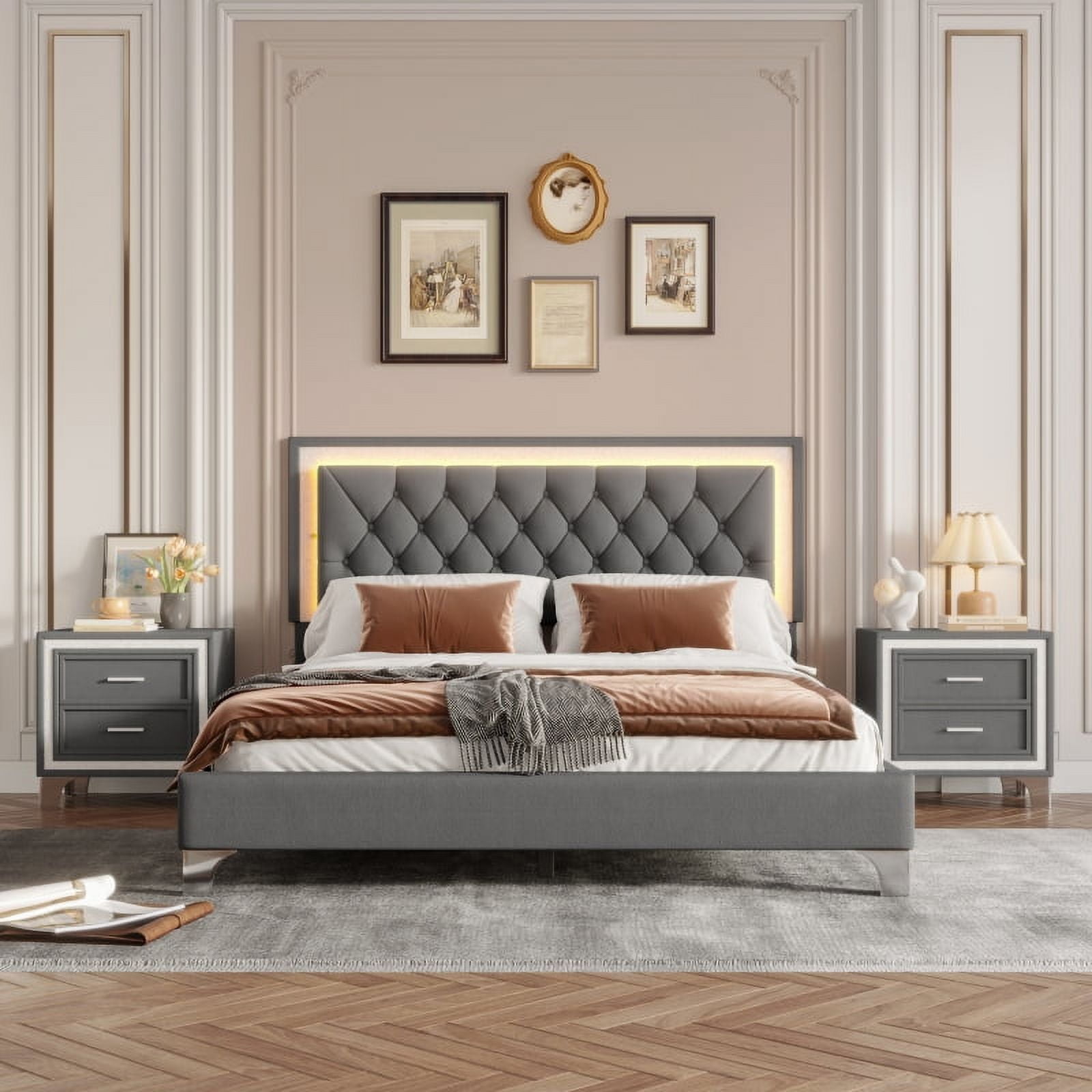 [Luckynote]3-Pieces Bedroom Sets,Queen Size Upholstered Platform Bed with LED Lights and Two Nightstands-Gray