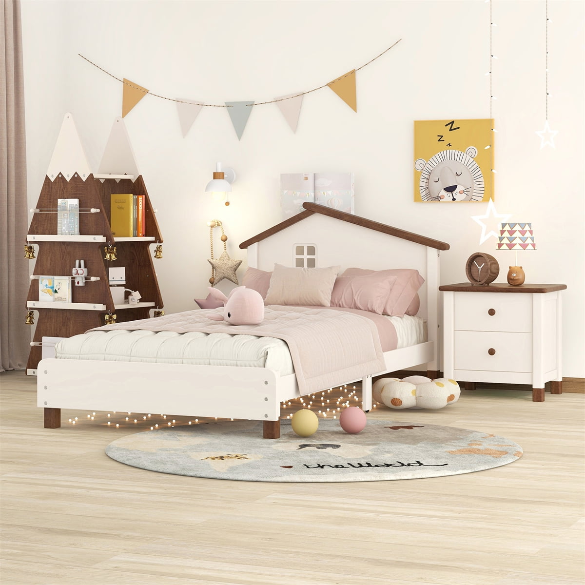 3 Pieces Bedroom Sets Twin Size House Platform Bed Frame with Nightstand and Rotating Storage Shelf Bedroom Furniture Set with Headboard for Kids Teens Adults 82.4 L 41.9 W 36.1 H Cream Walnut Walmart...