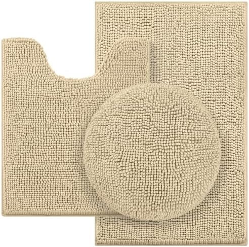 3 Pieces Beige Bathroom Rugs Set, Ultra Soft Non Slip Bath Rug and Absorbent Chenille Bath Mat, Includes U-Shaped Contour Rug, Bath Mat and Toilet Lid Cover, Perfect for Bathroom, Tub