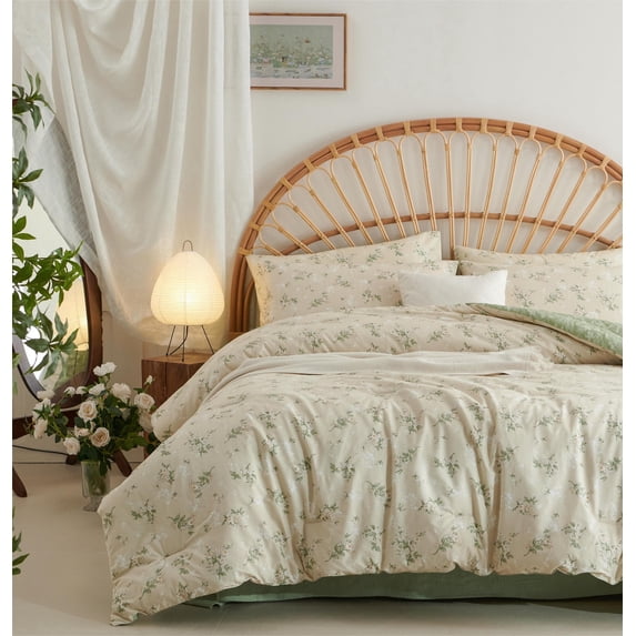 3 Pieces Beige Green Floral Reversible Queen Comforter Set Aesthetic Cottagecore Style Green Leaf Soft and Lightweight Bedding Set