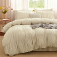 thumbnail image 1 of 3 Pieces Beige Ruched Duvet Cover Set Bed Set Boho Shabby Chic Bedding Set for Bedroom Soft Fluffy Ruffle Queen Comforter Cover Set with Pillowcases, 1 of 5