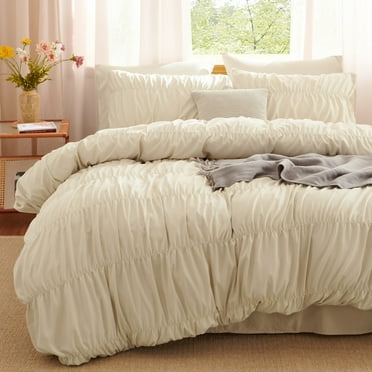 3 Pieces Beige Ruched Duvet Cover Set Bed Set Boho Shabby Chic Bedding Set for Bedroom Soft Fluffy Ruffle Queen Comforter Cover Set with Pillowcases