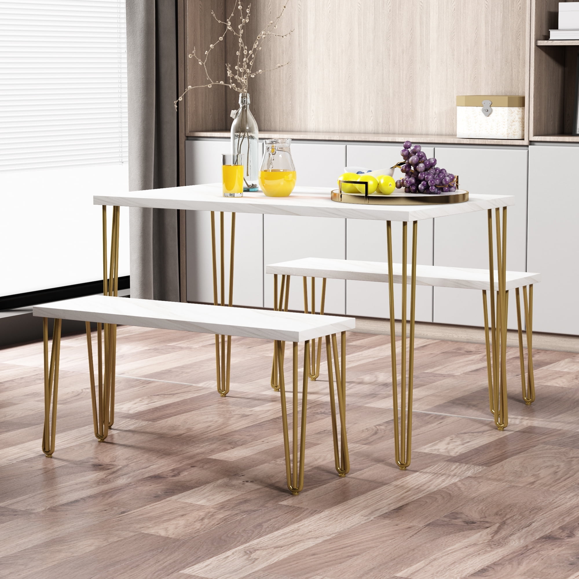3 Pieces Bench Table Dining Set, ENYOPRO Marble Finish Kitchen Table with Bench, Contemporary ...