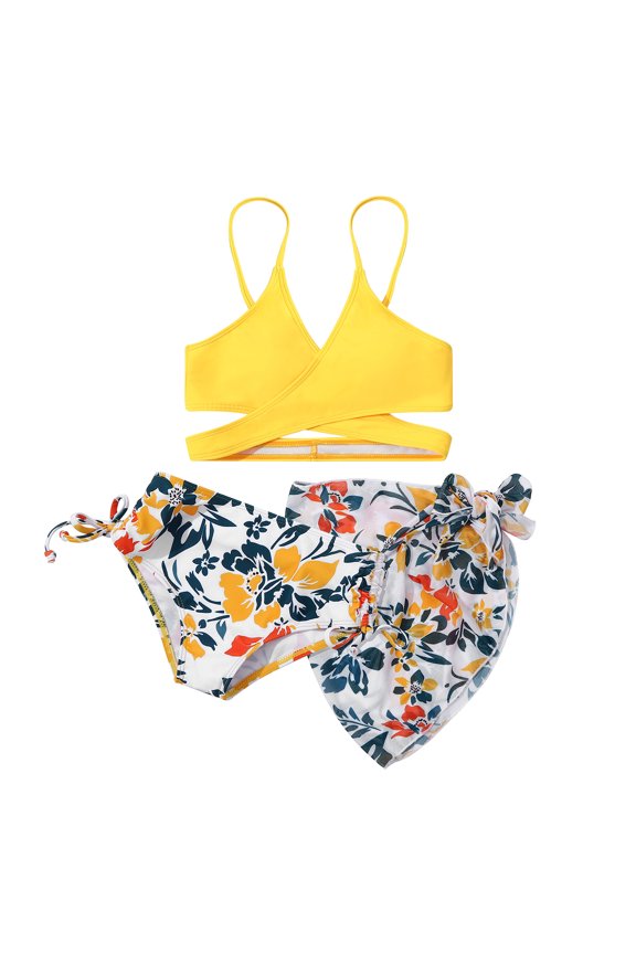 3 Pieces Bikini Kids Wrap Criss Cross Swimsuit Little Girls Print Swimwear with Cover Up Beach Skirt 8-12T