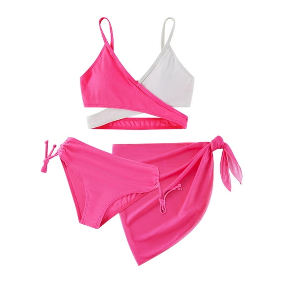 3 Pieces Bikini Kids Wrap Criss Cross Swimsuit Little Girls Print Swimwear with Cover Up Beach Skirt 8-14T