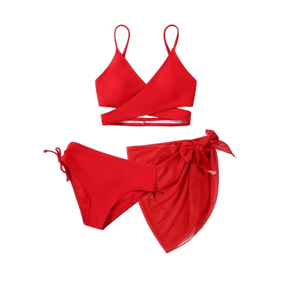 Girl's 3 Piece Bikini Swimwear High Waisted Bathing Suit Bikini Set Swimwear with Knot Side Beach Skirt