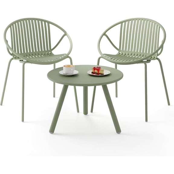 3 Pieces Bistro Set, All Weather PP Patio Conversation Set, Heavy-Duty Metal Frame Outdoor Acapulco Chair Set w/Round Coffee Table, 2 Chairs and Side Table Set for Deck, Balcony (Green)