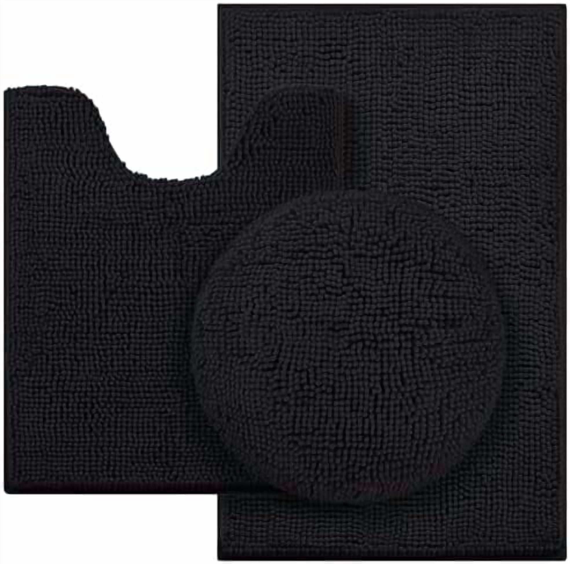 3 Pieces Black Bathroom Rugs Set, Ultra Soft Non Slip Bath Rug and Absorbent Chenille Bath Mat, Includes U-Shaped Contour Rug, Bath Mat and Toilet Lid Cover, Perfect for Bathroom, Tub