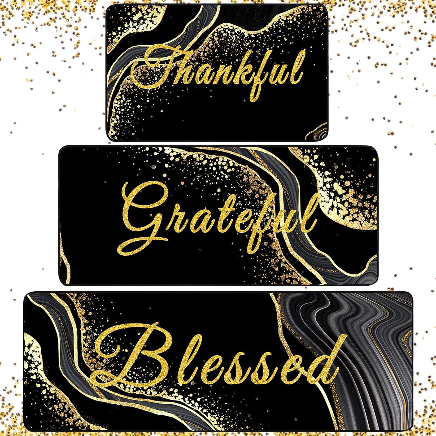 3 Pieces Black Gold Kitchen Mats for Floor Marble Non Skid Kitchen Mats ...
