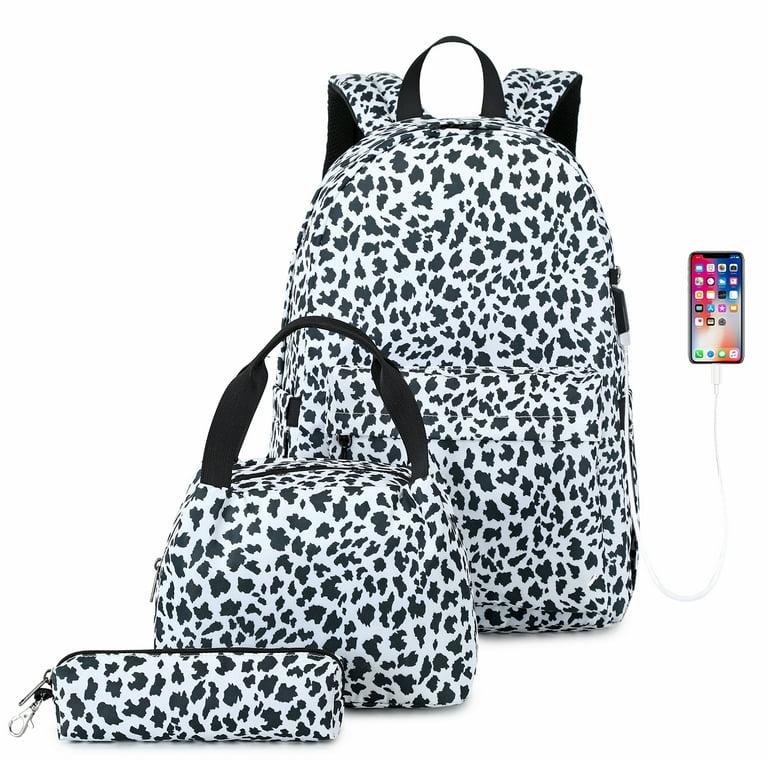 Petmoko 3 Pieces Black Leopard Animal Cheetah Print School Bags for Kids Girls Fashion Backpack Adjustable Shoulder Book Bag Set with Lunch Box Pencil