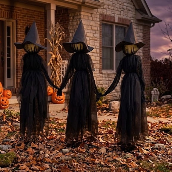 3 Pieces Black Tulle Witch Decor, Halloween Light Up Witch Decorations, 59.10IN LED Witch Prop for Walkway Entryway Indoor Window Dark Gothic Fall Home Party Decorations