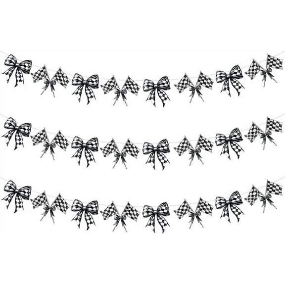 3 Pieces Black and White Checkered Bow Banner Race Car Birthday Banner Garland Racing Themed Checkered Flags Decor Race Car Party Decor for Girls Boys Racing Themed Birthday Party baby Shower