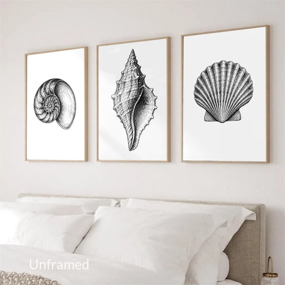 3 Pieces Black White Coastal Shell Wall Art Canvas Prints Vintage Shell Poster Painting Pictures for Coastal Beach House Decor No Frame