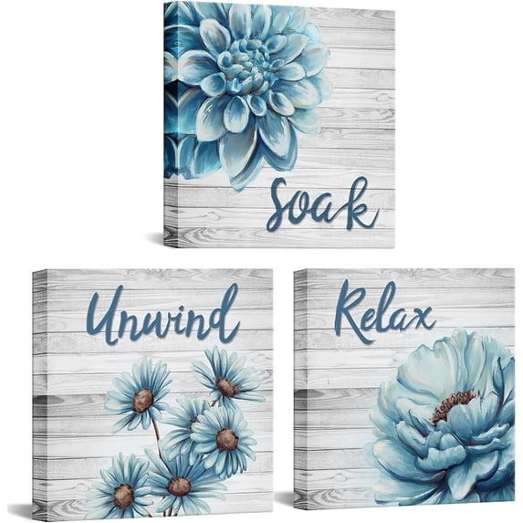 3 Pieces Blue Bathroom Picture Wall Art Daisy Dahlia Floral Relax Soak Unwind Picture Print for Washroom Home Decor Ready to Hang 12x12inchx3pcs