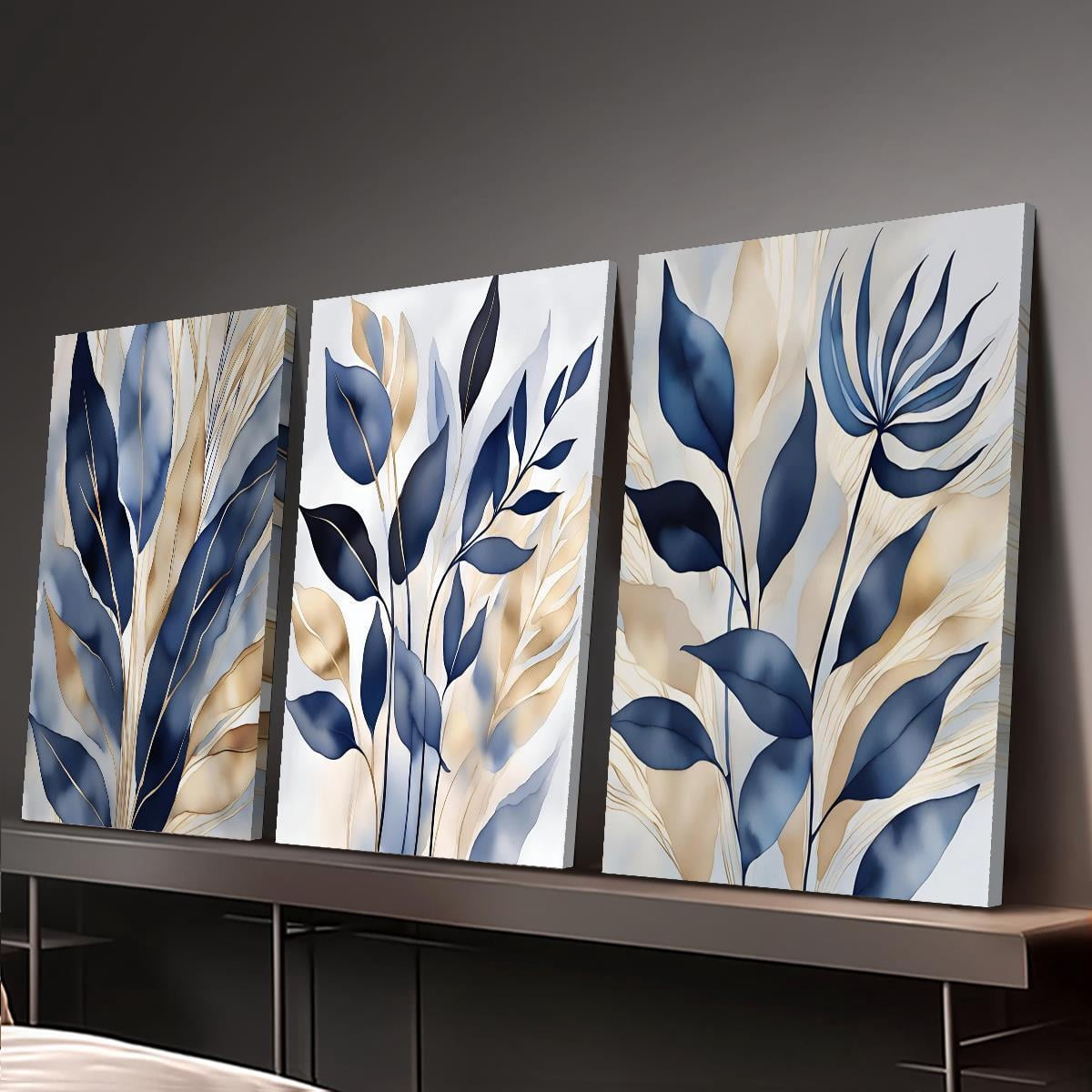 3 Pieces Blue Botanical Canvas Wall Art - Abstract Botanical Leaves ...