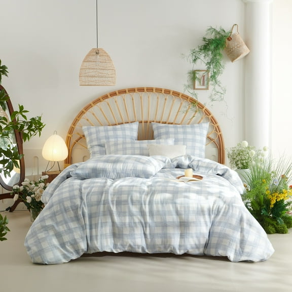 3 Pieces Blue Buffalo Plaid Muslin Duvet Cover Set Vintage Aesthetic Cotton Bedding Set Natural Soft & Breathable Plaid Checkered Queen Duvet Cover