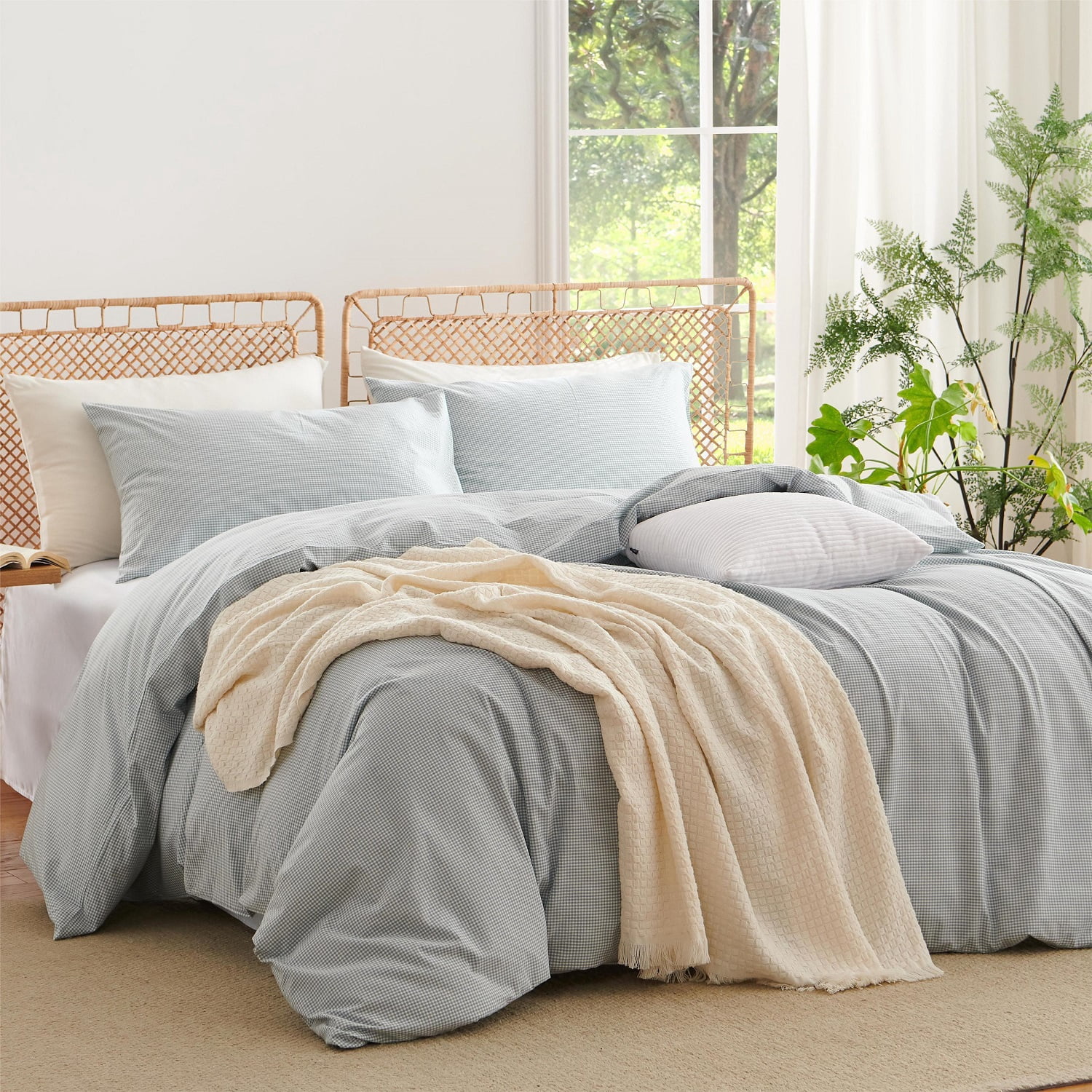 3 Pieces Blue Gingham Duvet Cover 100% Washed Cotton Fine Grid Checkered King Comforter Cover with Zipper Home Cozy and Breathable Grid Farmhouse Bedding Set
