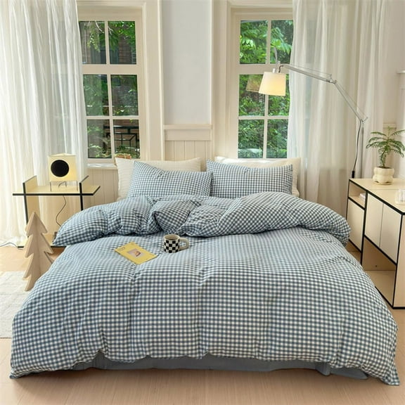3 Pieces Blue Gingham Duvet Cover 100% Washed Cotton Plaid Checkered King Duvet Cover Set Modern Grid Bedding Set with Zipper Closure Corner Ties