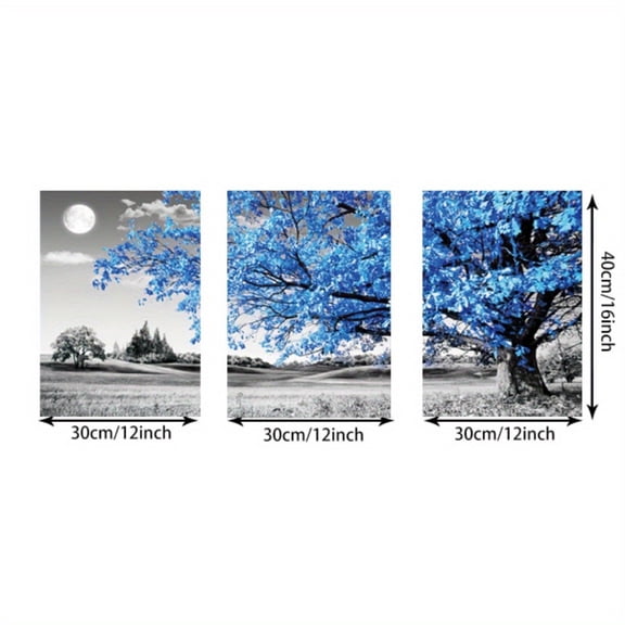 3 Pieces Blue Leaf Black and White Landscape Painting Poster Box, Suitable for Living Room, Entrance Hall, Study Room, Wall Decoration, Oil Painting Core, Pure Canvas Frameless Hanging Painting