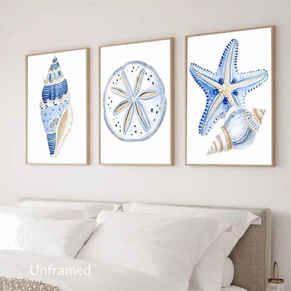 3 Pieces Blue Sea Shells Wall Art Canvas Prints Painting Pictures for Ocean Beach House Bathroom Bedroom Decor No Frame