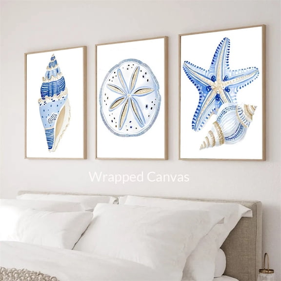 3 Pieces Blue Sea Shells Wall Art Canvas Prints Painting Pictures for Ocean Beach House Bathroom Bedroom Decor with Wooden Inner Frame