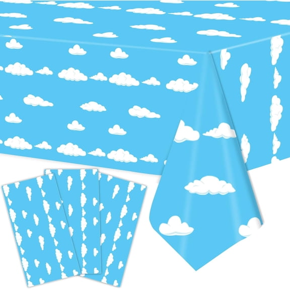 3 Pieces Blue Sky White Cloud Tablecloth Disposable Table Cover - 54 x108 Inches Cartoon Clouds Pattern Plastic Table Cloth for Baby Showers, Kids Birthday Party Supplies, and Sky-Themed Decorations