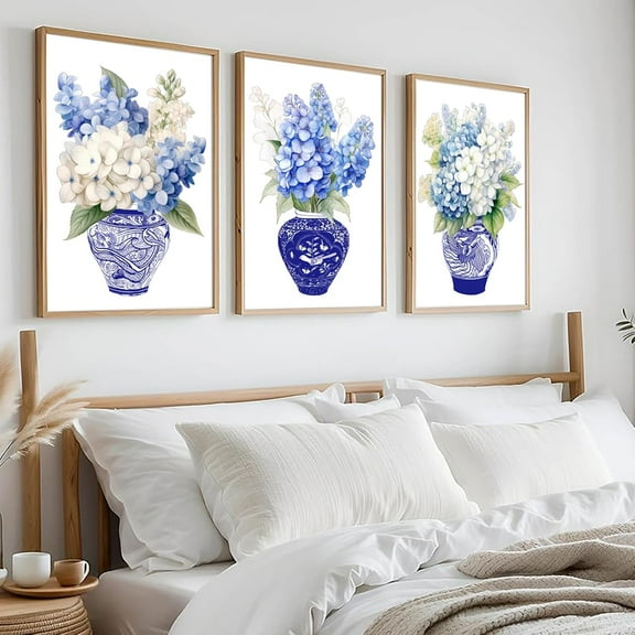 3 Pieces Blue White Chinoiserie Hydrangea Canvas Wall Art Print Set Watercolor Flowers Botanical Plant Decor Canvas Painting Oriental Porcelain Vase Flower Jar Poster Pictures with Wooden Frame