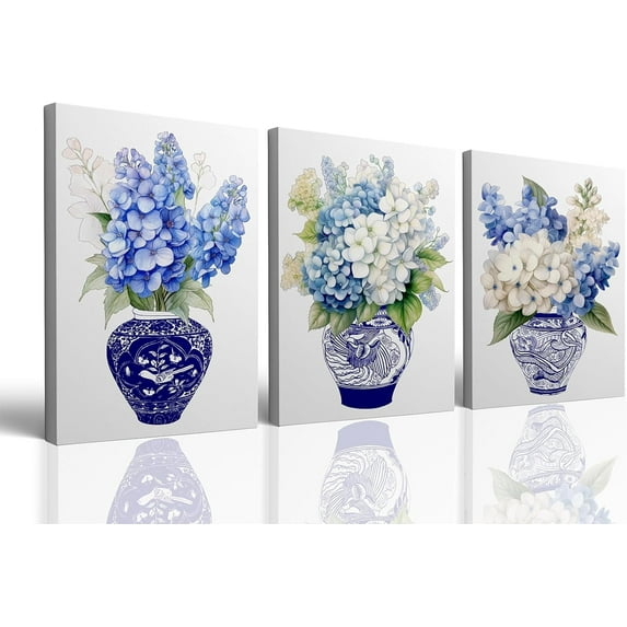 3 Pieces Blue White Chinoiserie Hydrangea Posters Canvas Wall Art Print Set Watercolor Flowers Botanical Plant Decor Canvas Painting Oriental Porcelain Vase Flower Jar Pictures No Frame