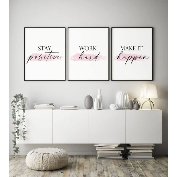 3 Pieces Blush Office Pink Print Bible Verse Pictures Stay Positive Work Hard Make It Happen Wall Art Painting Gifts Artwork for Office Home Decor with Inner Frame
