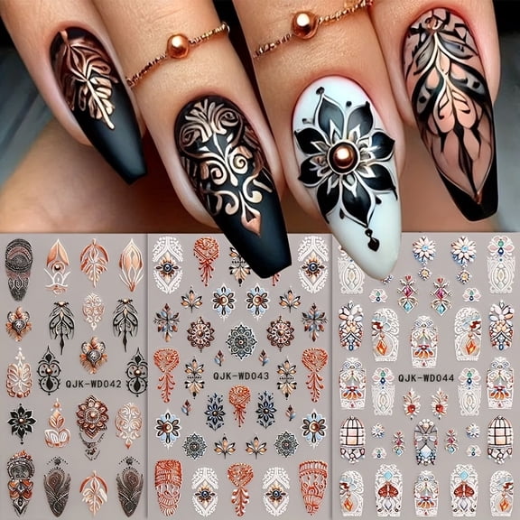 3 Pieces Bohemian 3D Micro Relief Nail Art Stickers - Self-Adhesive Decorative Nail Wraps for Creative Nail Designs