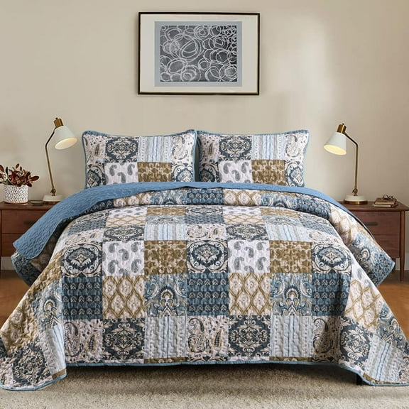 3 Pieces Bohemian Quilt Set King Size, Boho Striped Quilt Bedspread Set for All Season Coverlet Bedding Set