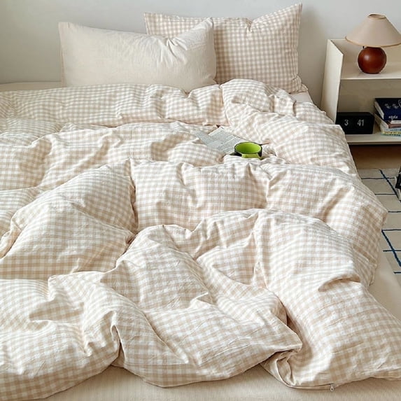 3 Pieces Boho Beige Plaid Bedding Set Grid Duvet Cover with Zipper Ties 100% Washed Microfiber Bedding Set Luxury Soft Breathable Durable,King Size