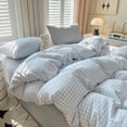 thumbnail image 1 of 3 Pieces Boho Blue Plaid Bedding Set Blue Grid Duvet Cover with Zipper Ties 100% Washed Microfiber Bedding Set Luxury Soft Breathable Durable,Full Size, 1 of 6