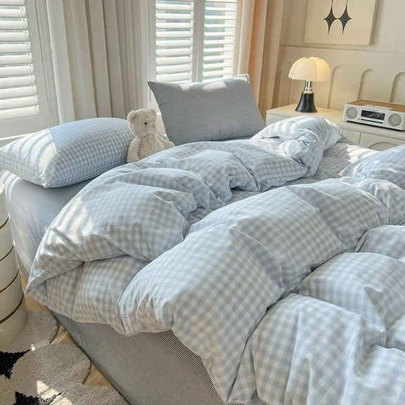 3 Pieces Boho Blue Plaid Bedding Set Blue Grid Duvet Cover with Zipper Ties 100% Washed Microfiber Bedding Set Luxury Soft Breathable Durable,Full Size
