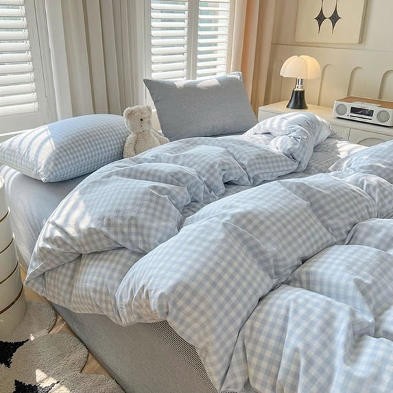 3 Pieces Boho Blue Plaid Bedding Set Blue Grid Duvet Cover with Zipper Ties 100% Washed Microfiber Bedding Set Luxury Soft Breathable Durable,King Size