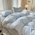 thumbnail image 1 of 3 Pieces Boho Blue Plaid Bedding Set Blue Grid Duvet Cover with Zipper Ties 100% Washed Microfiber Bedding Set Luxury Soft Breathable Durable,Queen Size, 1 of 6