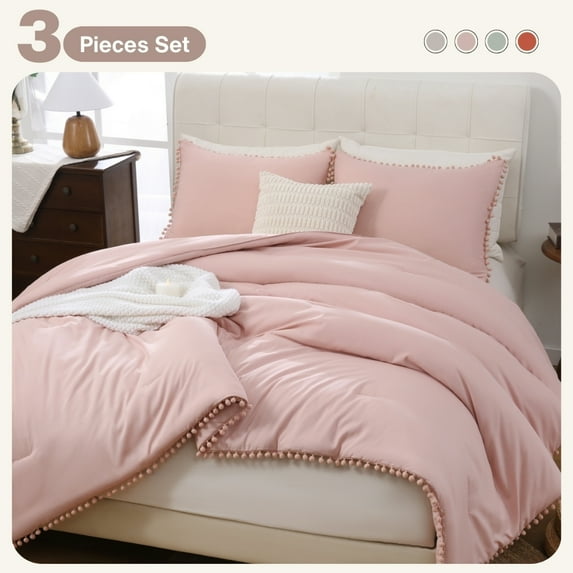 3 Pieces Boho Comforter Sets with Ball Pom Fringe, Soft Bedding Set for All Seasons - 3pcs, 1 Comforter & 2 Pillow Shams, All Season Pink Queen