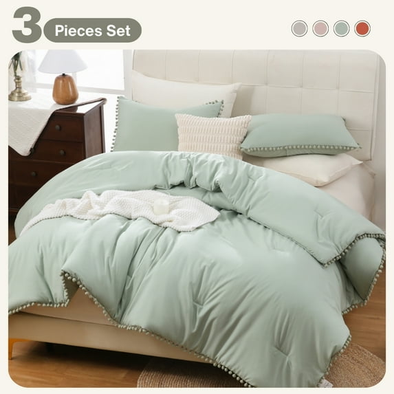 3 Pieces Boho Comforter Sets with Ball Pom Fringe, Soft Bedding Set for All Seasons - 3pcs, 1 Comforter & 2 Pillow Shams, All Season Sage Green King