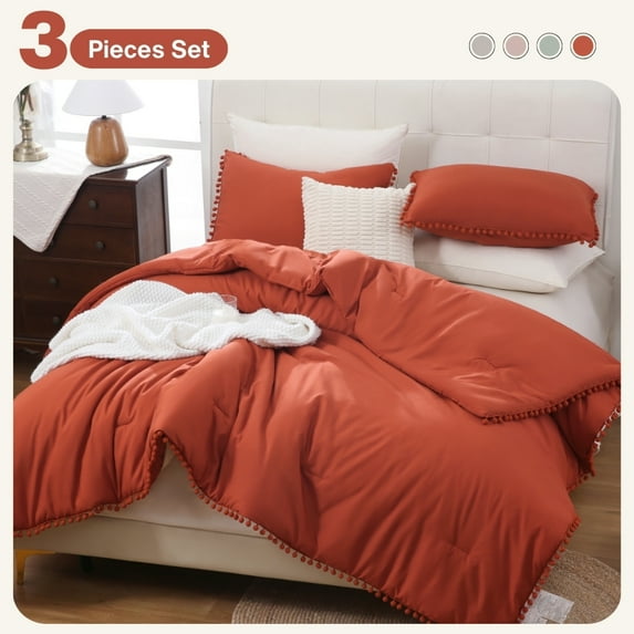 3 Pieces Boho Comforter Sets with Ball Pom Fringe, Soft Bedding Set for All Seasons - 3pcs, 1 Comforter & 2 Pillow Shams, All Season Terracotta Queen