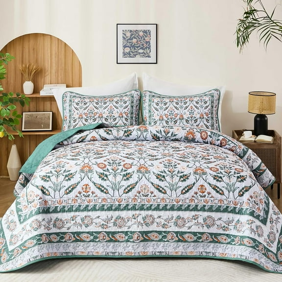 3 Pieces Boho Green Floral Queen Size Quilt Set Bedspread Coverlet Set Bedding for All Season