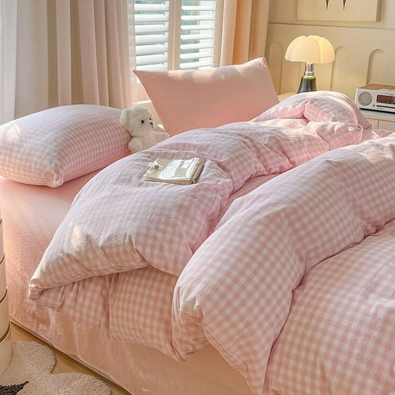 3 Pieces Boho Pink Plaid Bedding Set Pink Grid Duvet Cover with Zipper Ties 100% Washed Microfiber Bedding Set Luxury Soft Breathable Durable,Queen Size