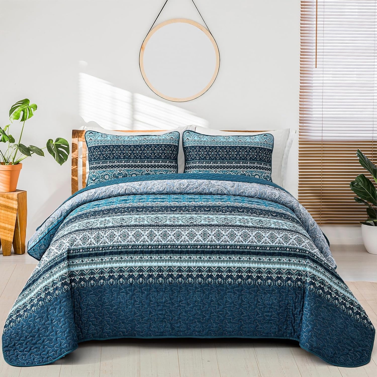 3 Pieces Boho Queen Size Bedspread Blue Bohemian Quilt Set Bedding Set ...