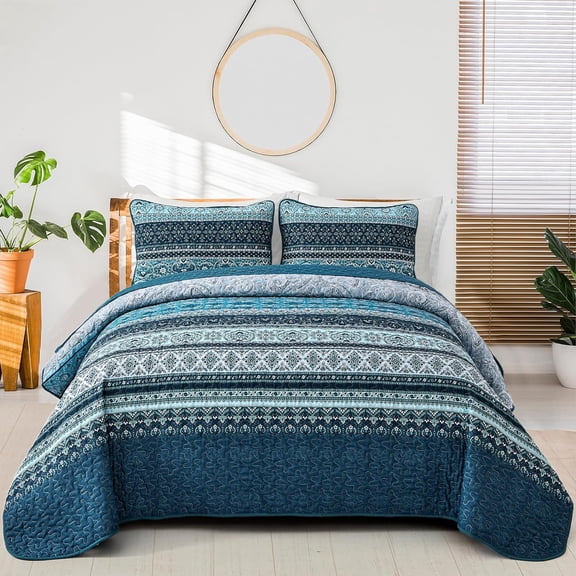 3 Pieces Boho Queen Size Bedspread Blue Bohemian Quilt Set Bedding Set for All Season 96"x90"
