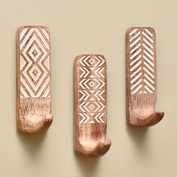 3 Piece Boho Wooden Wall Hooks Adhesive Decorative Hangers for Coats, Towels & Keys Hat No Drill Wall Hook Set
