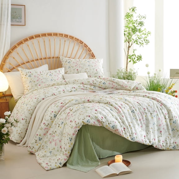 3 Pieces Botanical Floral Beige Pink Flower Floral Full Comforter Set Vintage Style Soft Cotton Garden Floral Aesthetic Bedding Set