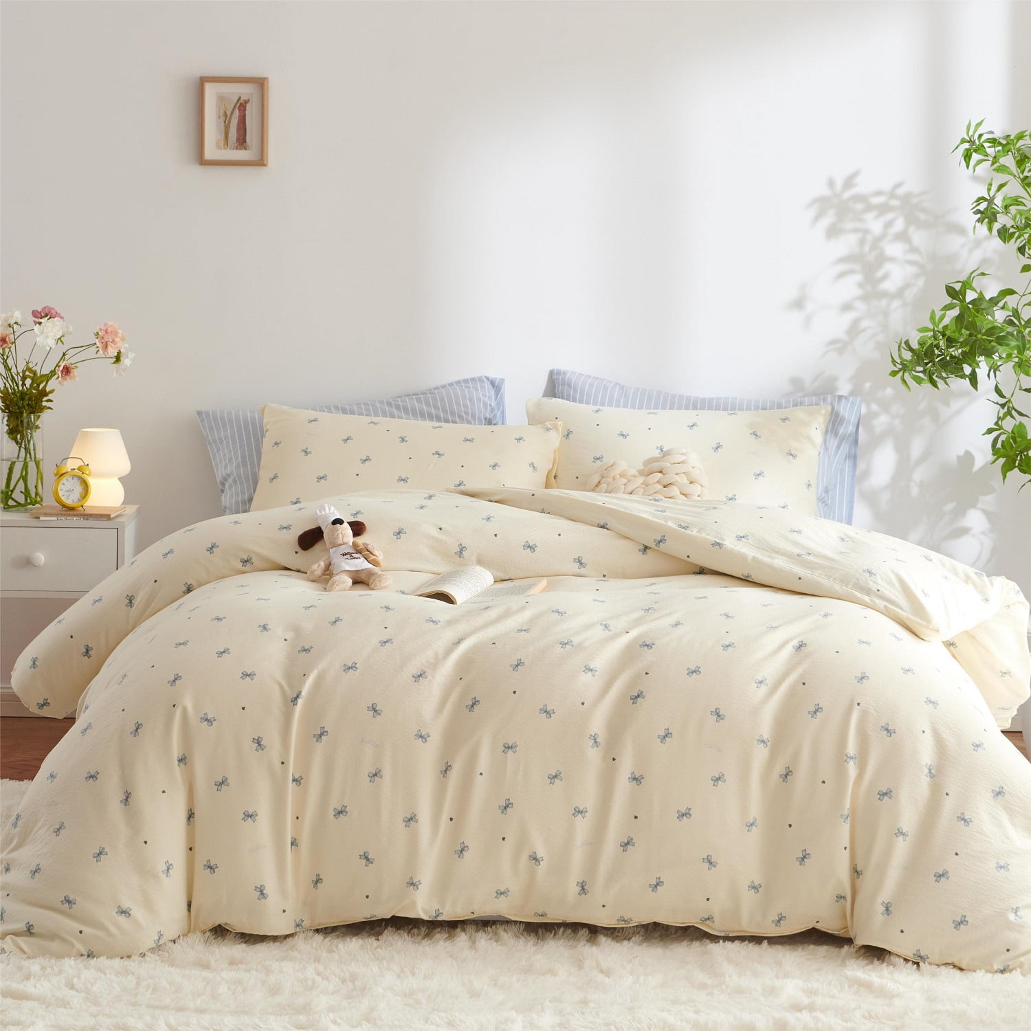 3 Pieces Bow Jacquard Duvet Cover Cartoon Blue Bowknot Pattern Comforter Cover Soft Breathable Cute Coquette Bedding,Full Size