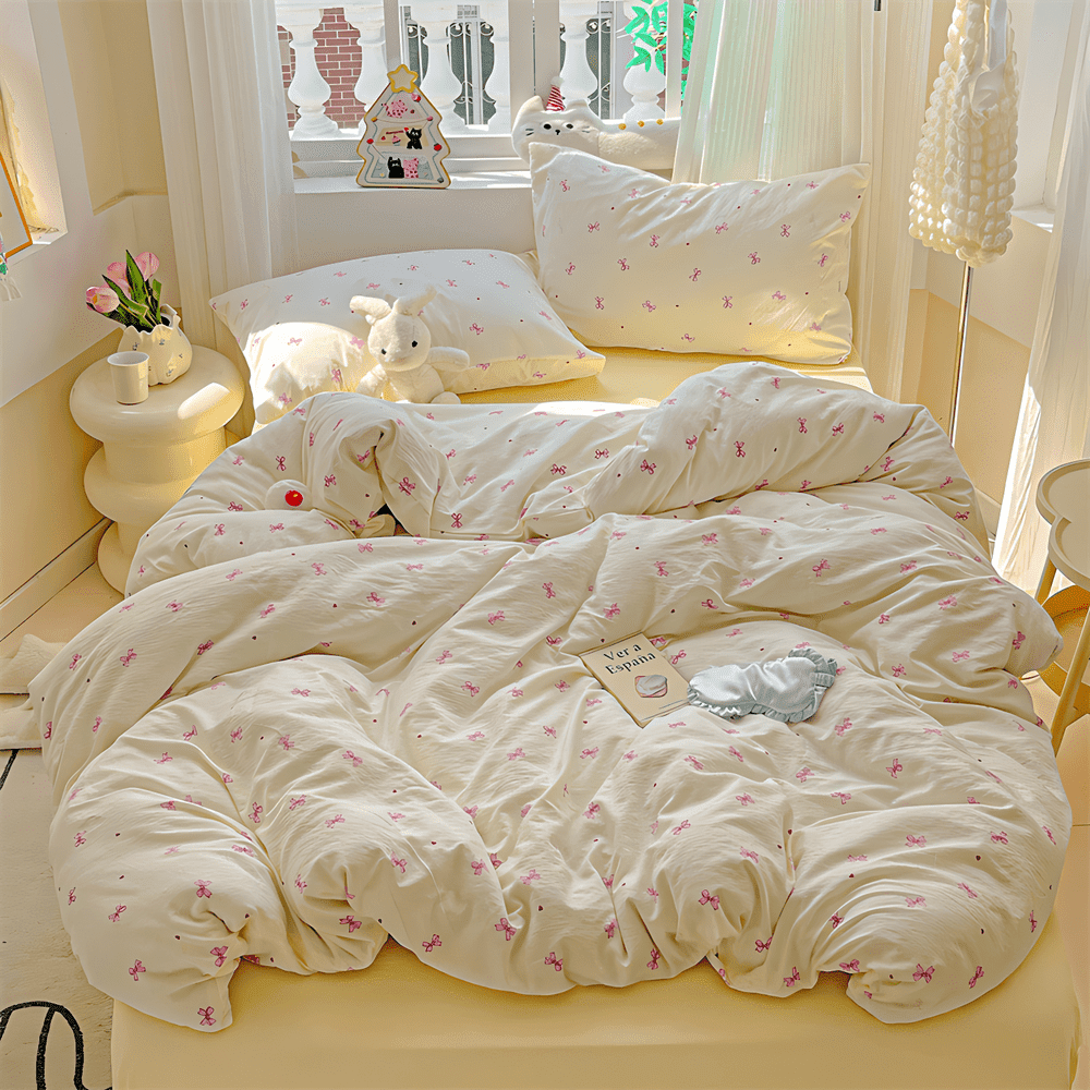 3 Pieces Bow Jacquard Duvet Cover Cartoon Pink Bowknot Pattern Comforter Cover Soft Breathable Cute Coquette Bedding,Full Size