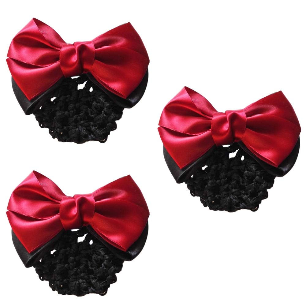 3 Pieces Bowknot Snood Net Barrette Hair Clip Bun Cover Lace Bow Decor for Woman, Colour