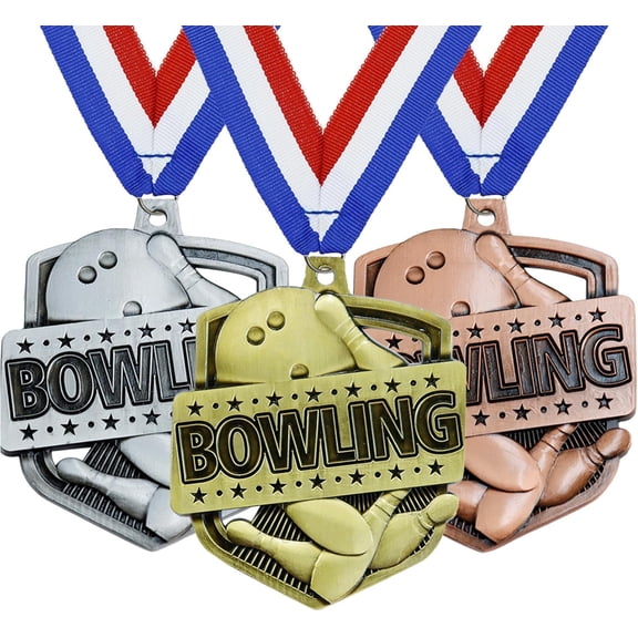 3 Pieces Bowling Medals Gold Silver Bronze Award with Neck Ribbon -1st 2nd 3rd Place Medals for Bowling Competitions, Party, Club or Celebration Souvenir 3.7 Inches