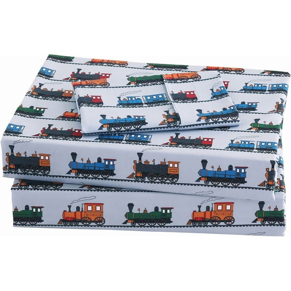 3 Pieces Boys Grey Twin Sheet Set - Soft Microfiber Fitted Flat Sheets & Pillowcase - Retro Train Print Bedding Sets - for Kids & Toddlers
